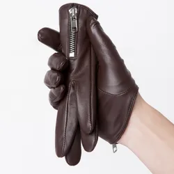 Gants classiques en cuir véritable pour hommes, style fermeture éclair latérale courte, peau de mouton véritable, noir, écran tactile, chauds pour l'hiver, mode