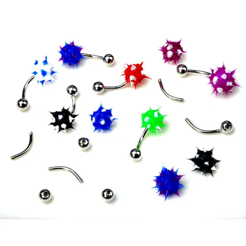 PINKSEE 5Pcs Mixed Colors Punk Stainless Steel Spike Ball Belly Button Ring Barbells Navel Rings Unisex Body Piercing Jewelry