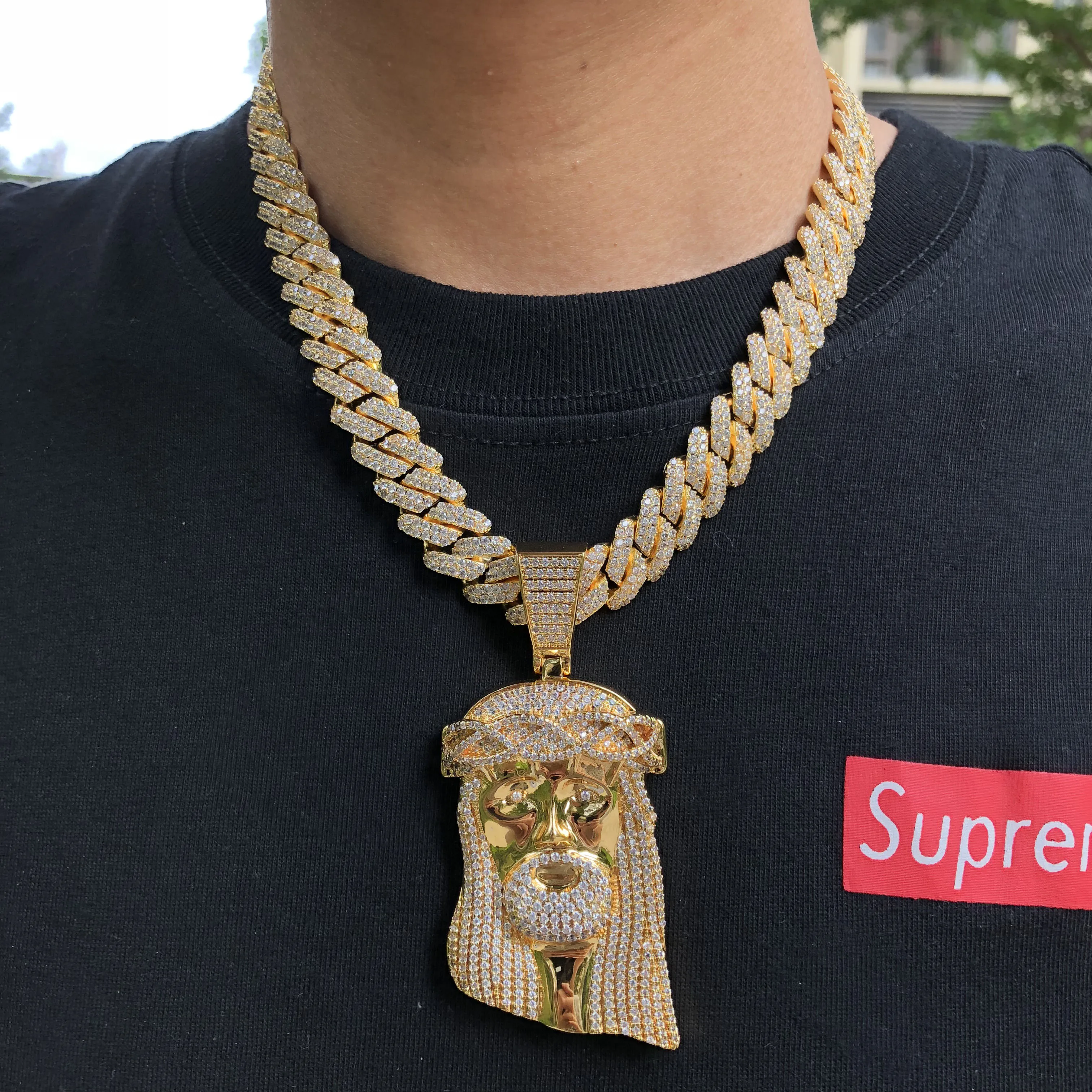 Iced out big Jesus pendant with cuban link chain