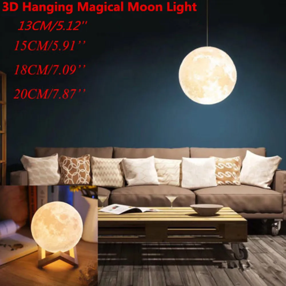 New Arrival Hanging 13-20cm Globe 3D Moon Lamp Remote Control RGB LED Night Light USB Moonlight Wood Stand