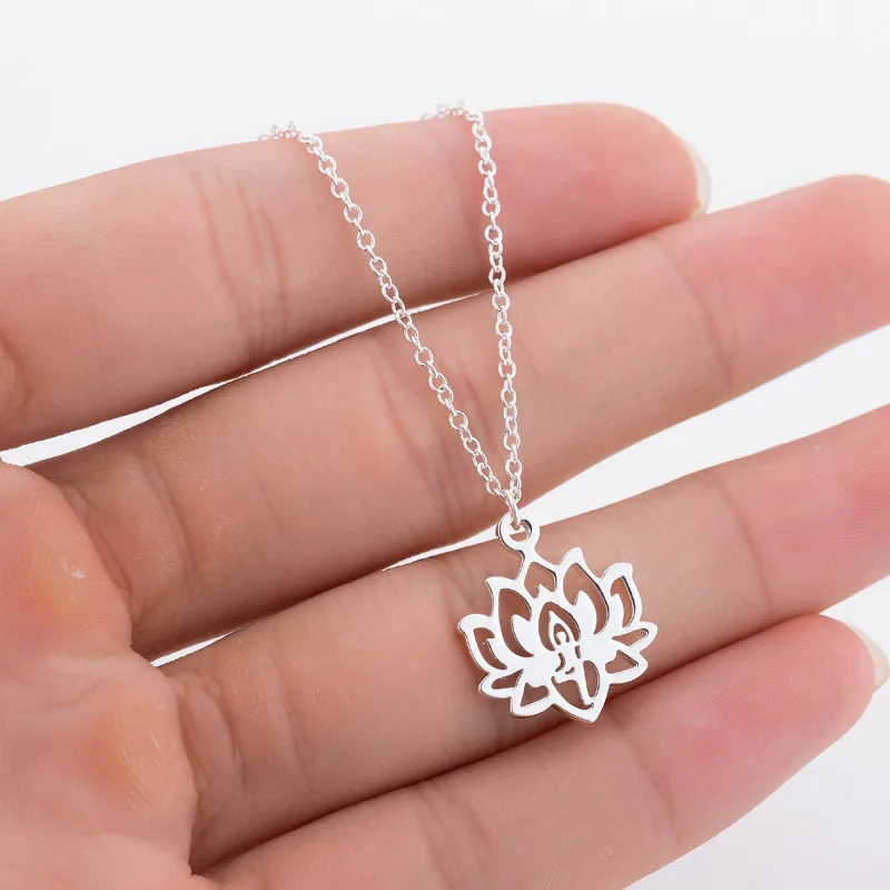 Oly2u Women Long Yoga Lotus Stainless Steel Pendant Necklaces Boho Charm Jewelry Girls Choker Rose Gold Color Necklace