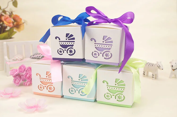 50pcs Baby Carriage Wedding Gift Candy Box With Ribbon Baby Shower Birthday Christmas Gift Packaging Paper Box Party Supplies