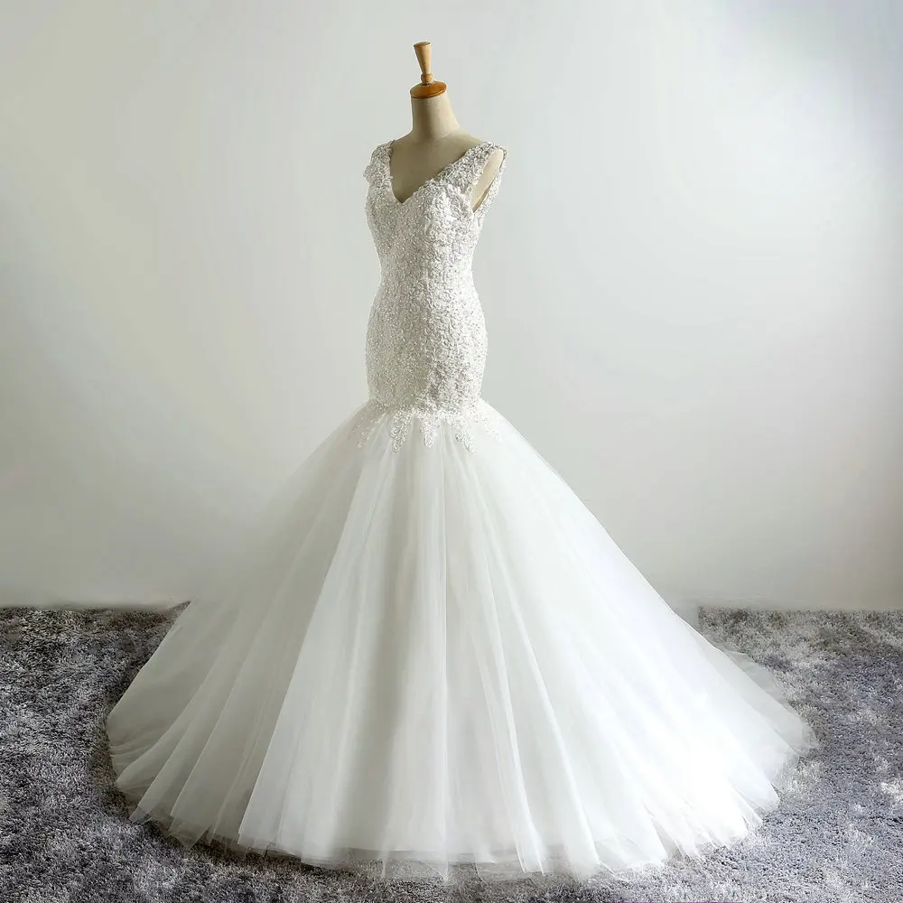 Vestidos De novia con cuentas De lujo De sirena De 2019 con apliques De cuello en V y tul talla grande