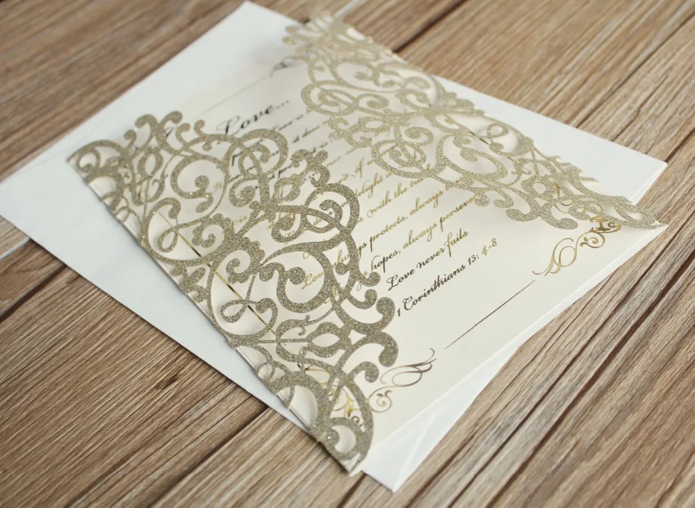 Gold Laser Cut Wedding Invitations Glittery Invitation Cards Customized Invitation for Wedding - Set of 50