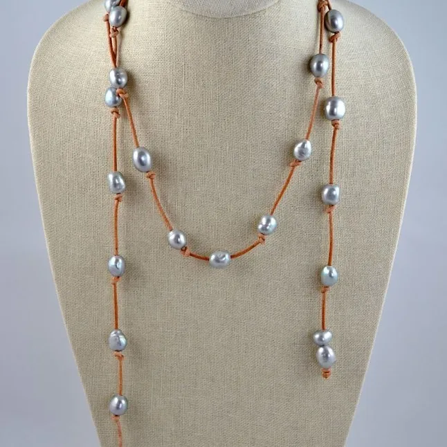 Wholesale 34 inches 10-11mm Silver Baroque Pearl Natural Leather Cord Necklace