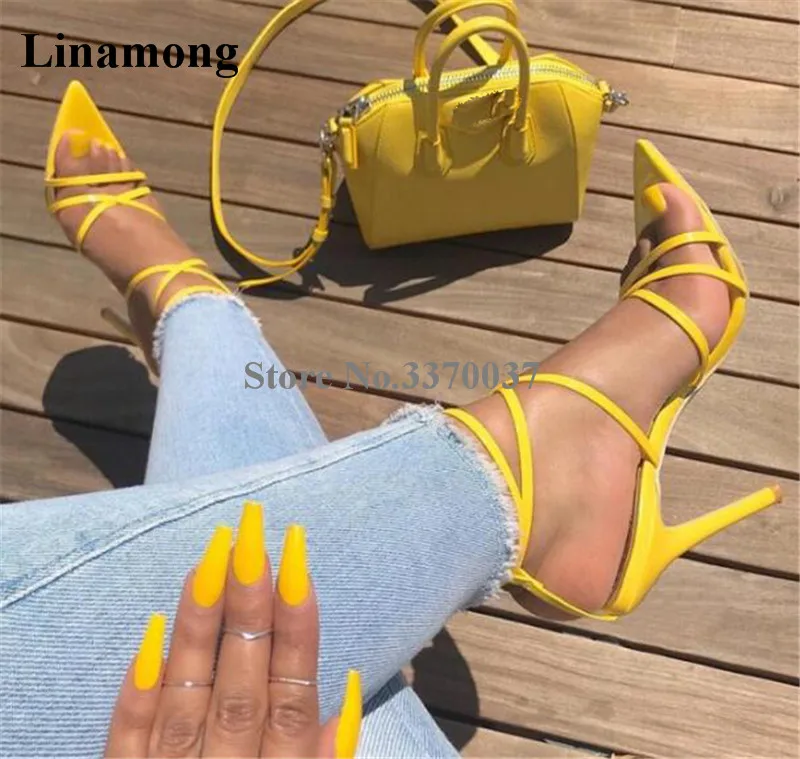 

Women Luxury Pointed Toe Patent Leather Yellow Strap Cross Stiletto Heel Sandals Ankle Straps Gold Silver High Heel Sandals