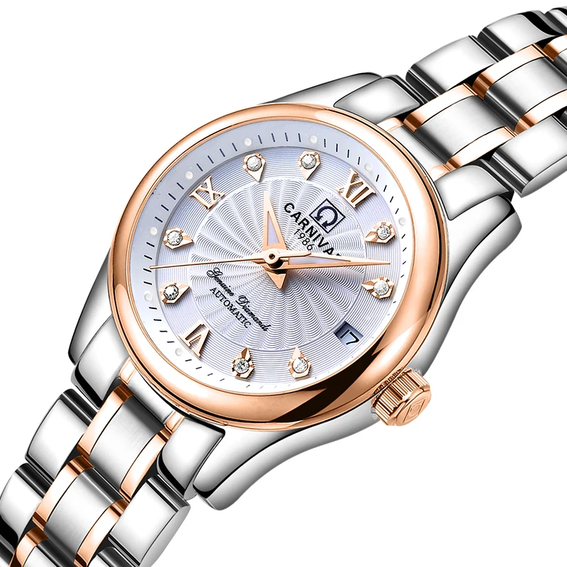 High end Automatic Mechanical Watch Women CARNIVAL Luxury Brand Fashion Ladies Watch 2019 Calendar Luminous Silver Women Watches