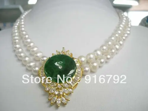 

free shipping Fashion jewelry 2 Strands 7-8mm Freshwater Pearl & Green stone Necklace