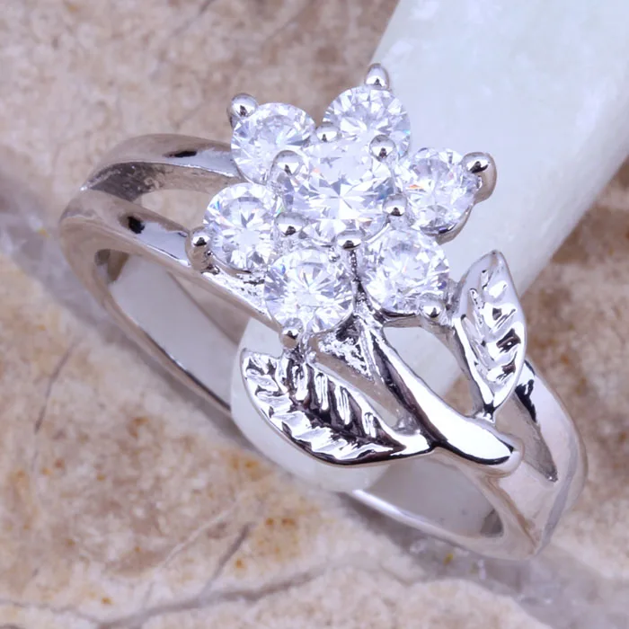 Pleasant White CZ Silver Plated Stamped Flower Ring Size 6 / 7 / 8 / 9 R0146