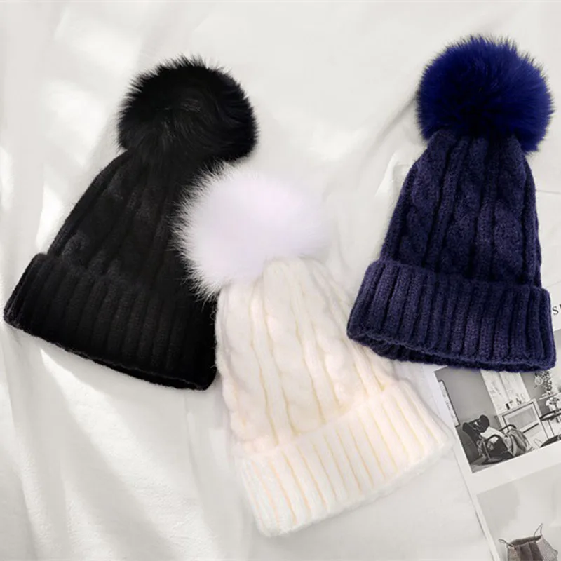 VISROVER 12 colors Autumn winter solid color real acrylic beanies with pompom for man woman cashmere unisex Warm hat wholesales