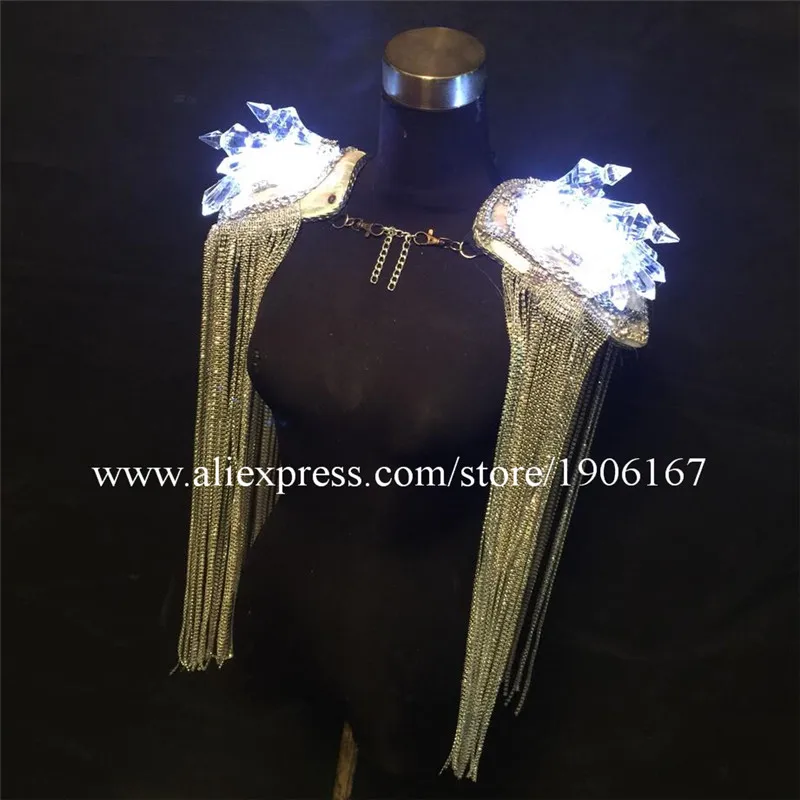 Led Luminous Crystal Tassel Party Evening Clothes Nightclub Light Up Grand Event Performance Shoulder Led Ballroom Costume