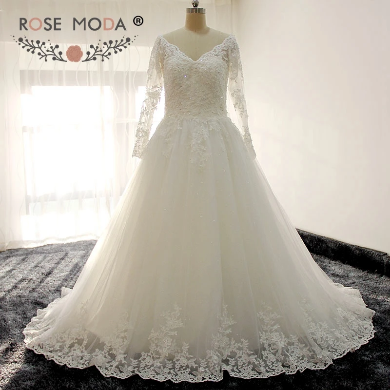 Rose Moda Long Sleeves V Neck Princess Lace Wedding Dress Real Photos Custom Make