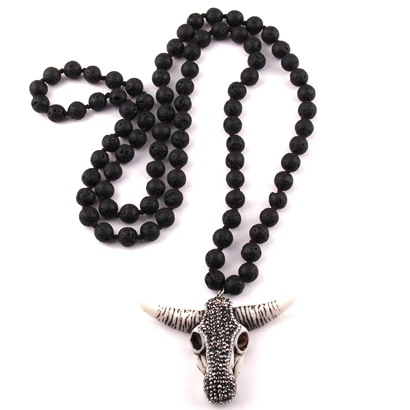 Fashion Bohemian Tribal Jewelry Multi Lava Stones Long Knotted Handmade Paved Bull Head Pendant Necklace For Women