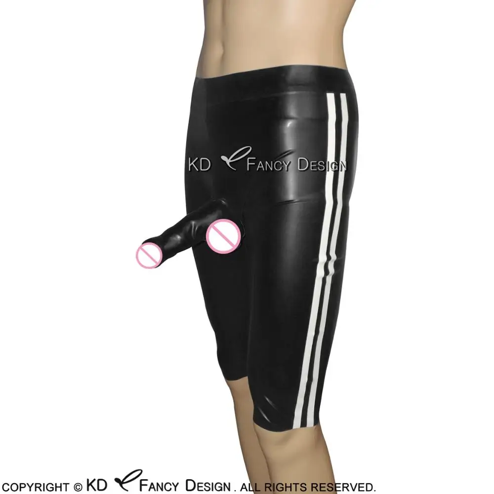 Black And White Stripes Latex Long Leg Boxer Shorts With Glued Penis Sheath Rubber Underwear Briefs Pants Bottoms DK-0088