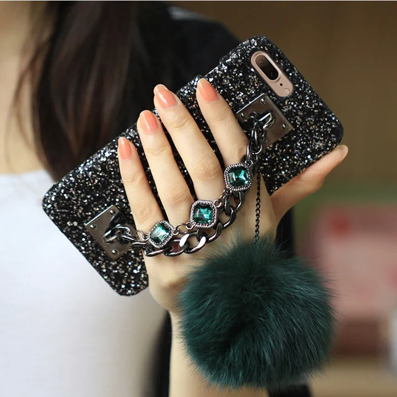 Luxury Diamond Rhinestone Glitter Bracelet Chain Fox Fur Ball Phone Case For iPhone 11 12 13 14 Pro X XR XS Max 7 8 Plus Cover