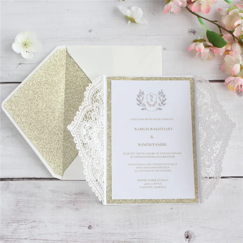 Personalized invitations for wedding engagement party with glitter lining insert envelop belly band party decoration multi color