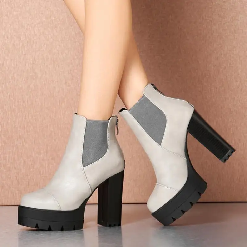 Europe and the United States in autumn and winter black round head high heel women boots British wind high heel boots