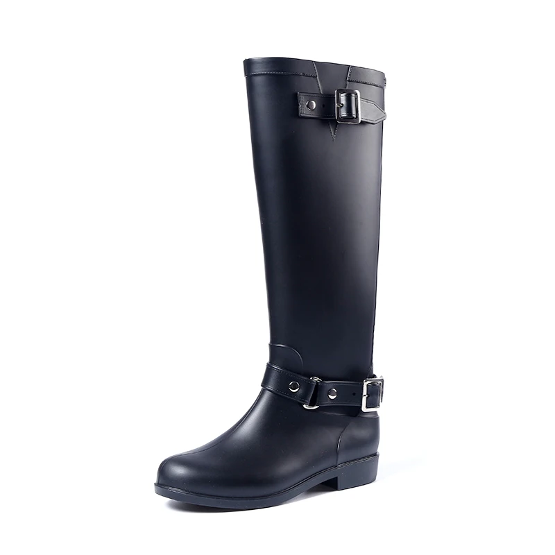 Rubber rain boots women gumboots black galoshes  horse boots red zipper behind high buckles wellies galoshes horse riding Boots