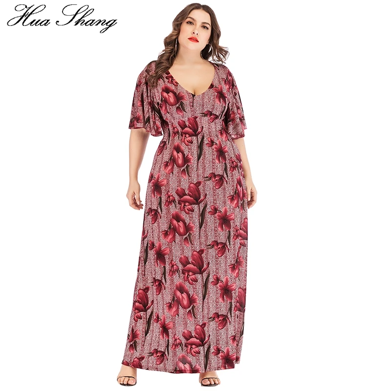 Plus Size Dress Summer 2023 Women V Neck Flare Short Sleeve Floral Print Vintage Dress Elastic High Waist Tunic Beach Dresses