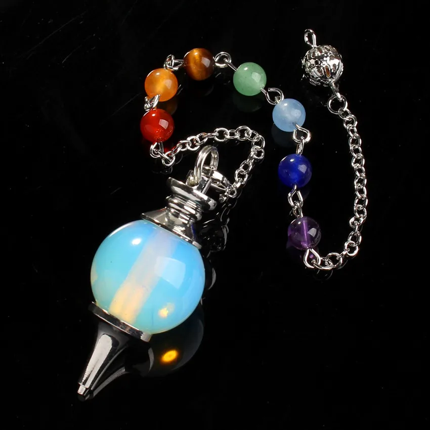 18mm Silver Plated Opalite Opal Stone with 7 Chakra Chain Dowsing Divination Pendulum Pendant Ethnic Jewelry For Women Men Girls