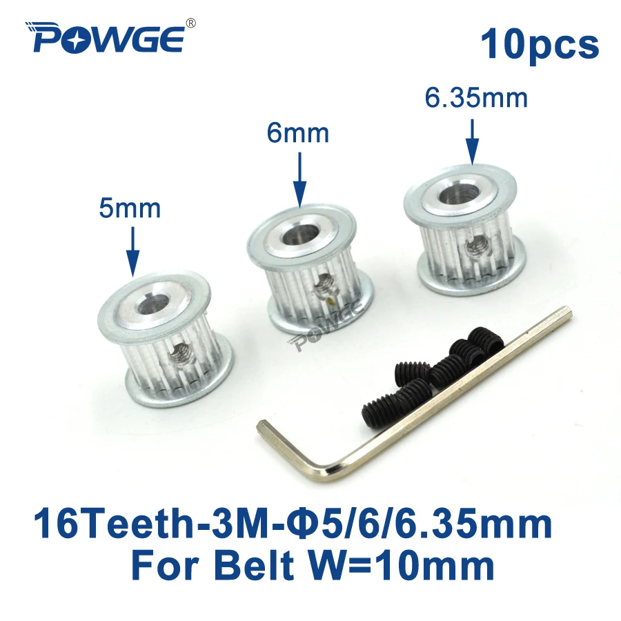 

POWGE 16 Teeth HTD 3M Timing Pulley Bore 4mm 5mm 6mm 6.35mm for Width 10mm 3M Timing belt gear HTD3M pulley 16Teeth 16T 10pcs