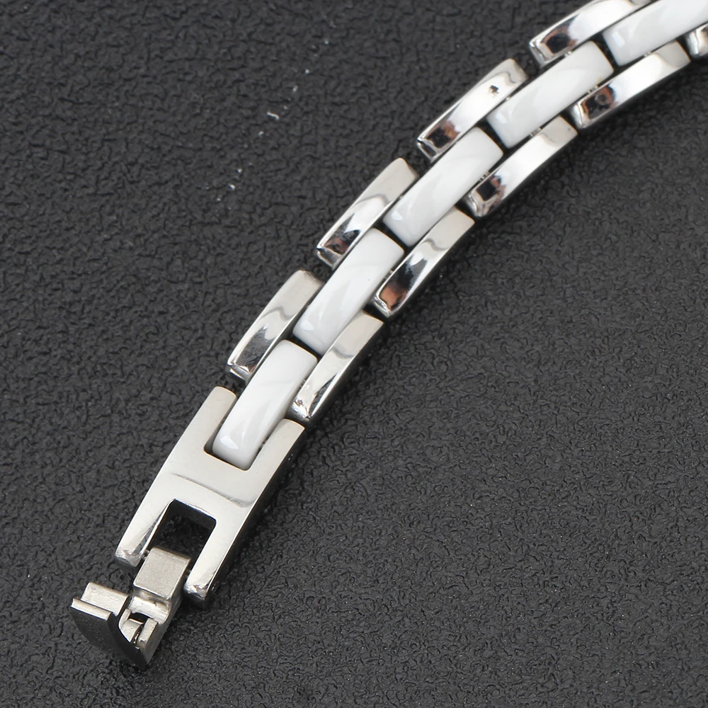 NIBA 20cm White  Ceramic Bracelet Bangle Stainless Steel Chain Link Bracelet Women And Men Jewelry