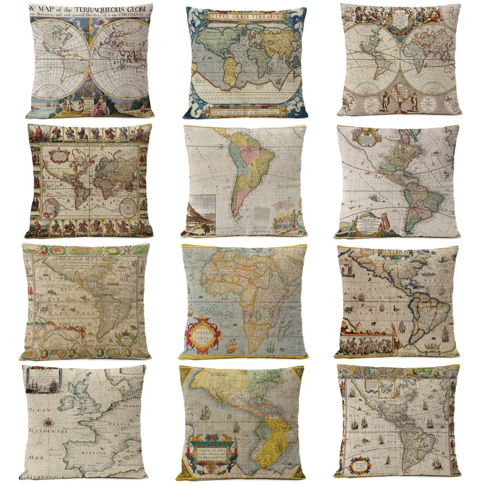 Retro Ancient World Map Pillow Cushion Cover Home Decorative Office Sofa Pillowcase