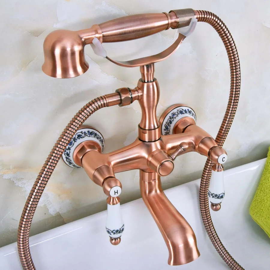 Imagem -04 - Antique Red Copper Brass Wall-mounted Faucet para Banheiro Clawfoot Tub Mixer Tap Telefone Shower Head Dual Ceramic Handles Ana 331