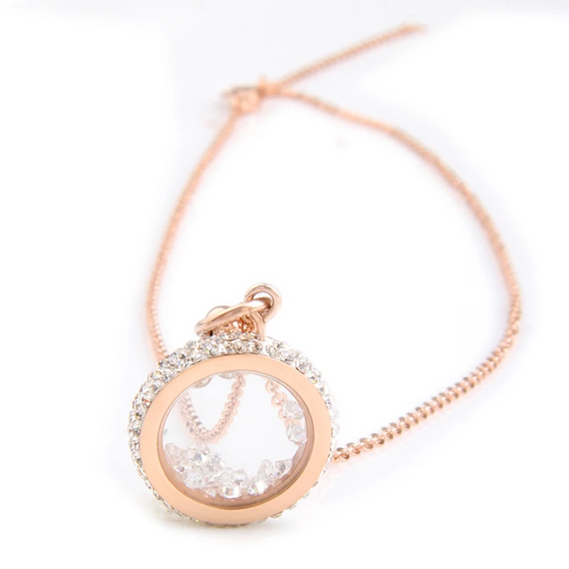 Rose Gold Color 316L Stainless Steel Glass Round Pendant Necklace with CZ crystal for women