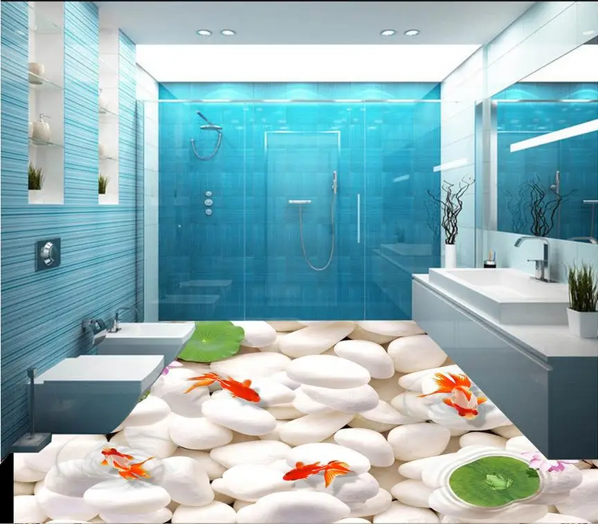 Modern Custom 3D Floor Mural Cobblestone Goldfish Pond 3D Floor Ocean World Bathroom Floor PVC Wall Paper Self-adhesive Floor