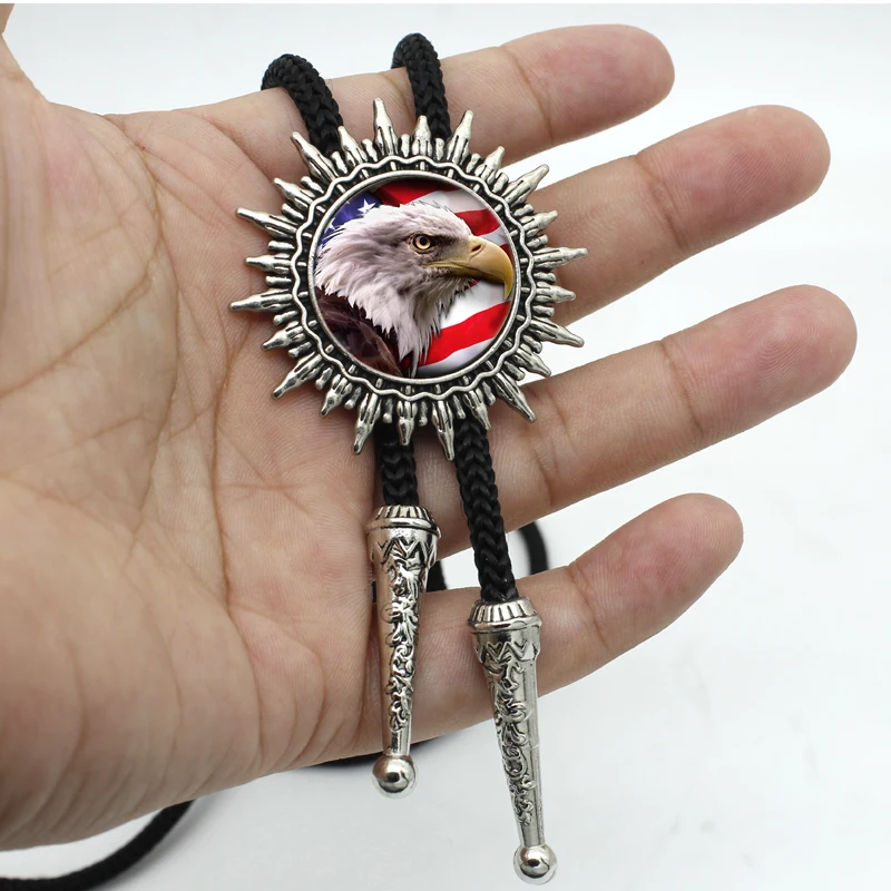 BOLO-0080 New Arrival Eagle Flag Bolo Tie Trendy Bald Eagle On American Flag Glass Dome Photo Slide Bolo Ties For Men