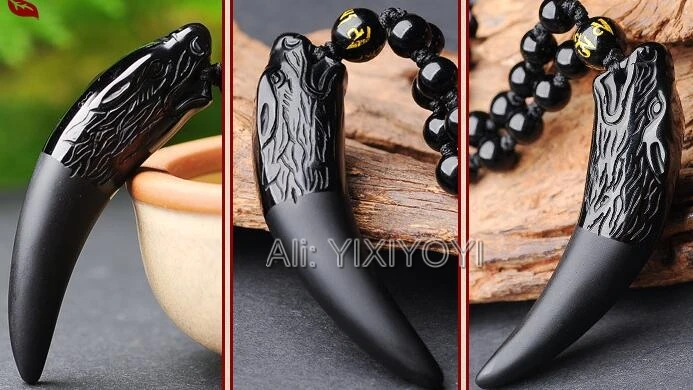Drop Ship Chinese Handwork Natural Black Obsidian Carved Long Wolf Head Amulet Lucky Pendant + Free Beads Necklace Jewelry