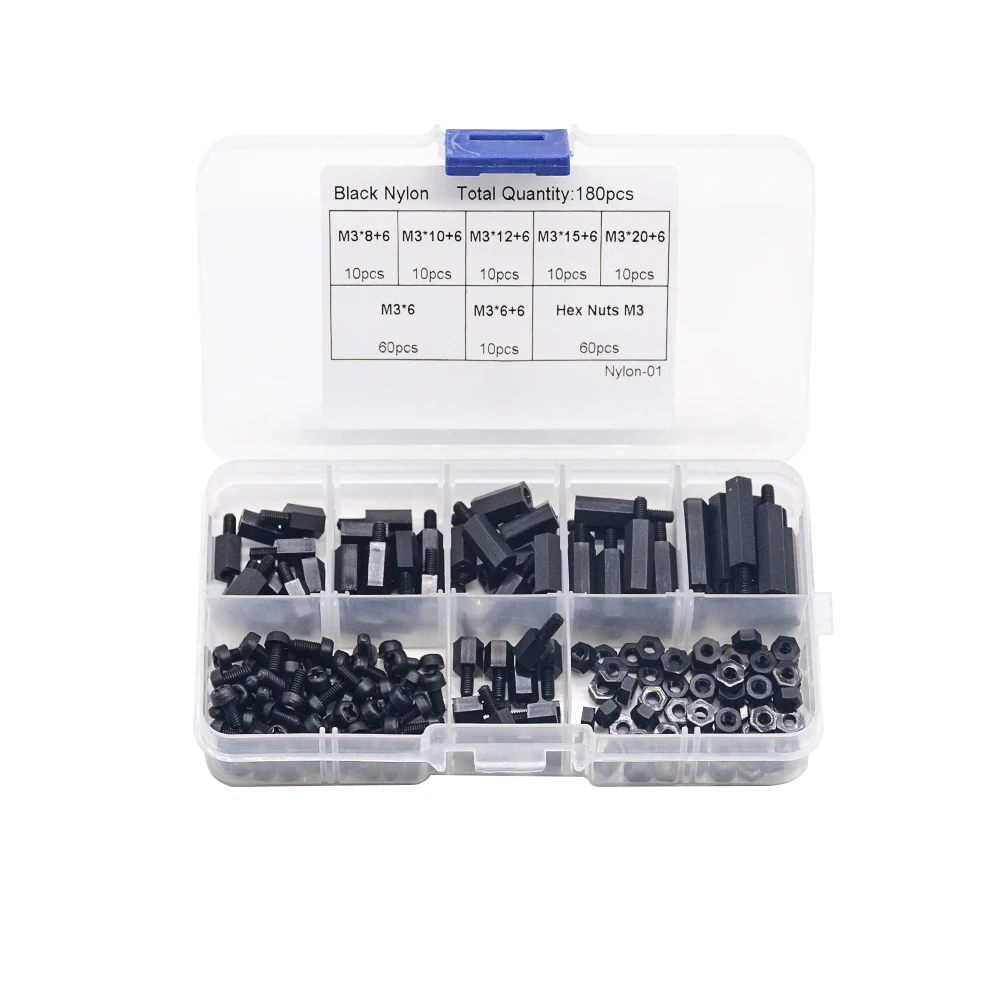 

180PCS Black M3 Nylon Hex Spacers Male-Female Screws Nuts Stand-off Kit For Electronics PC Board