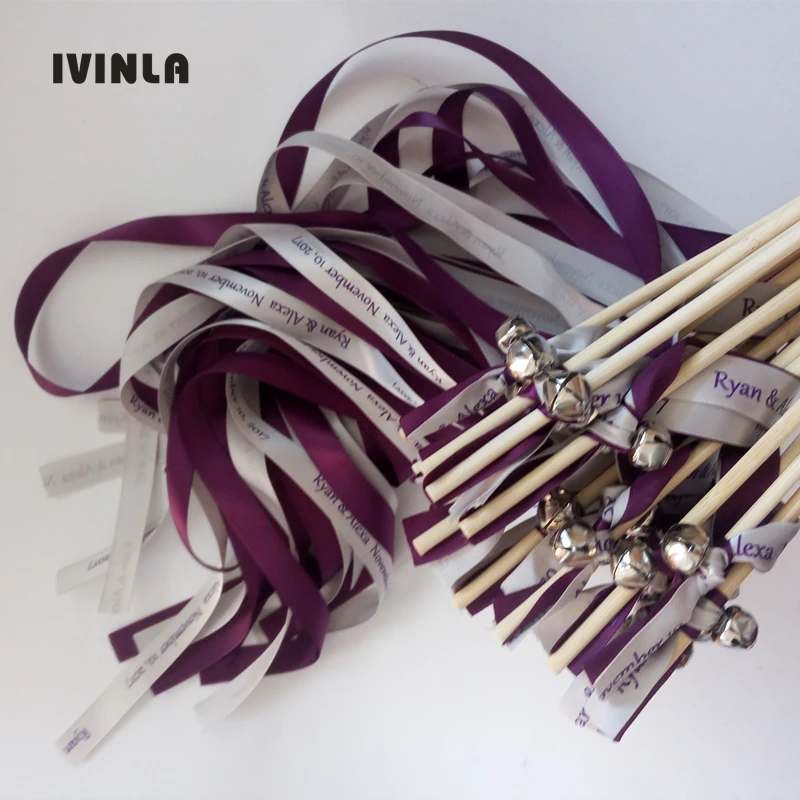 50pcs/lot Purple and grey Personalized Wedding Ribbon Stick Ribbon Wands Twirling Streamers