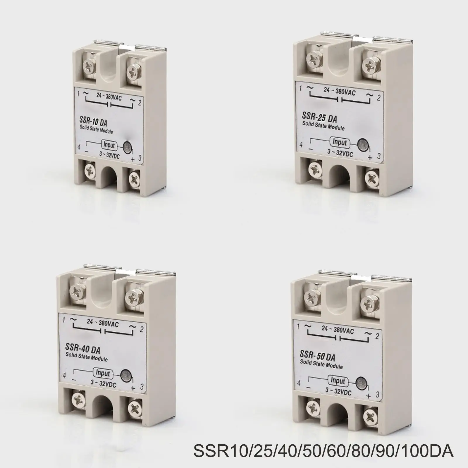 10A/25A/40A/50A/60A/75A/90A/100A SSR Single-phase Solid State Relay DC-AC Input 3-32VDC Load 24-380VAC