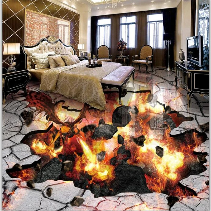 

beibehang Custom floor painting 3D Spitfire fire burning Flames crack 3D three-dimensional self-adhesive to flooring painting