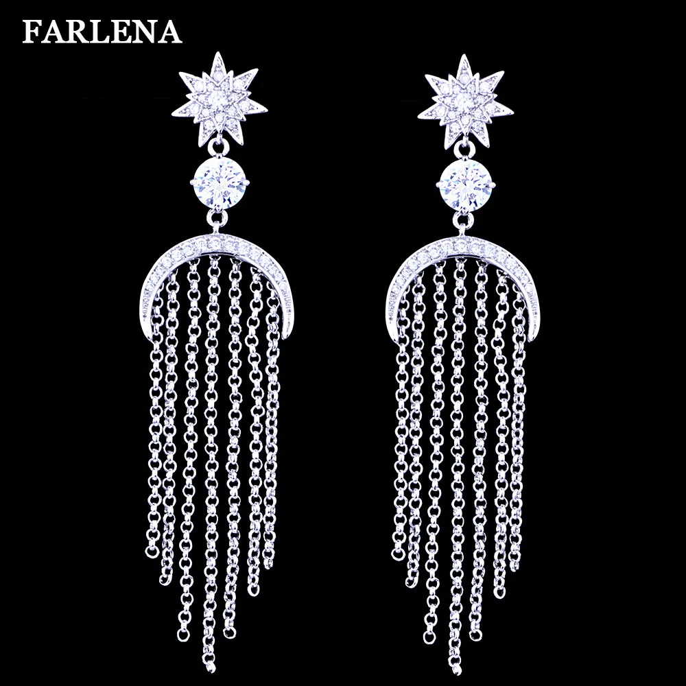 FARLENA Jewelry Silver Plated Moon Star Drop Earrings Inlay with Zircon Crystal Long Tassel Earrings for Women