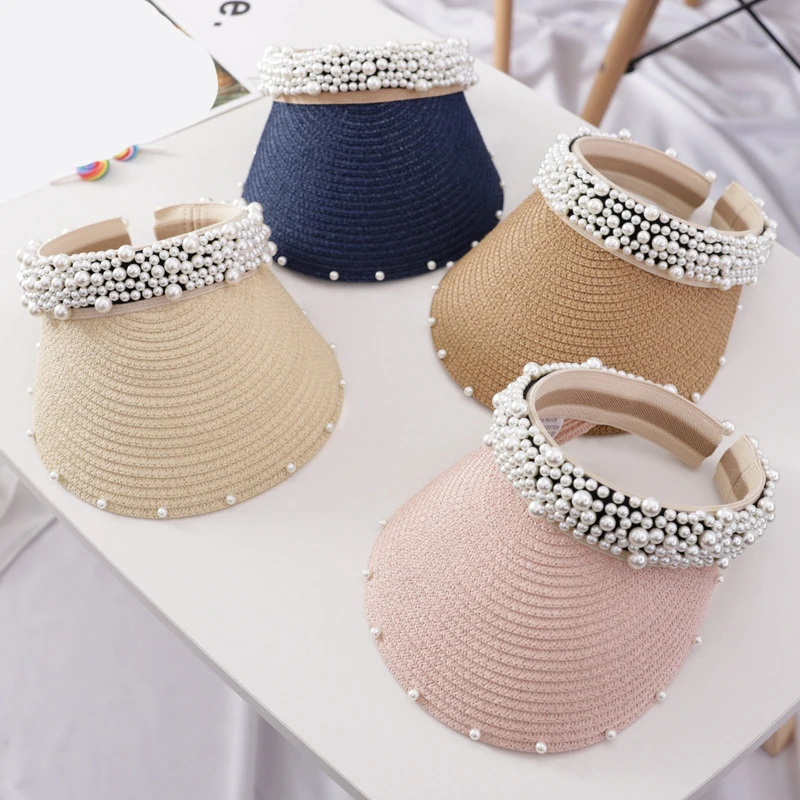 luxury 2019 New Women Pearl Headband Hat Visor Caps For Girls Beach Hats Braided Fashion Cap Lady Summer Straw Sun Hat