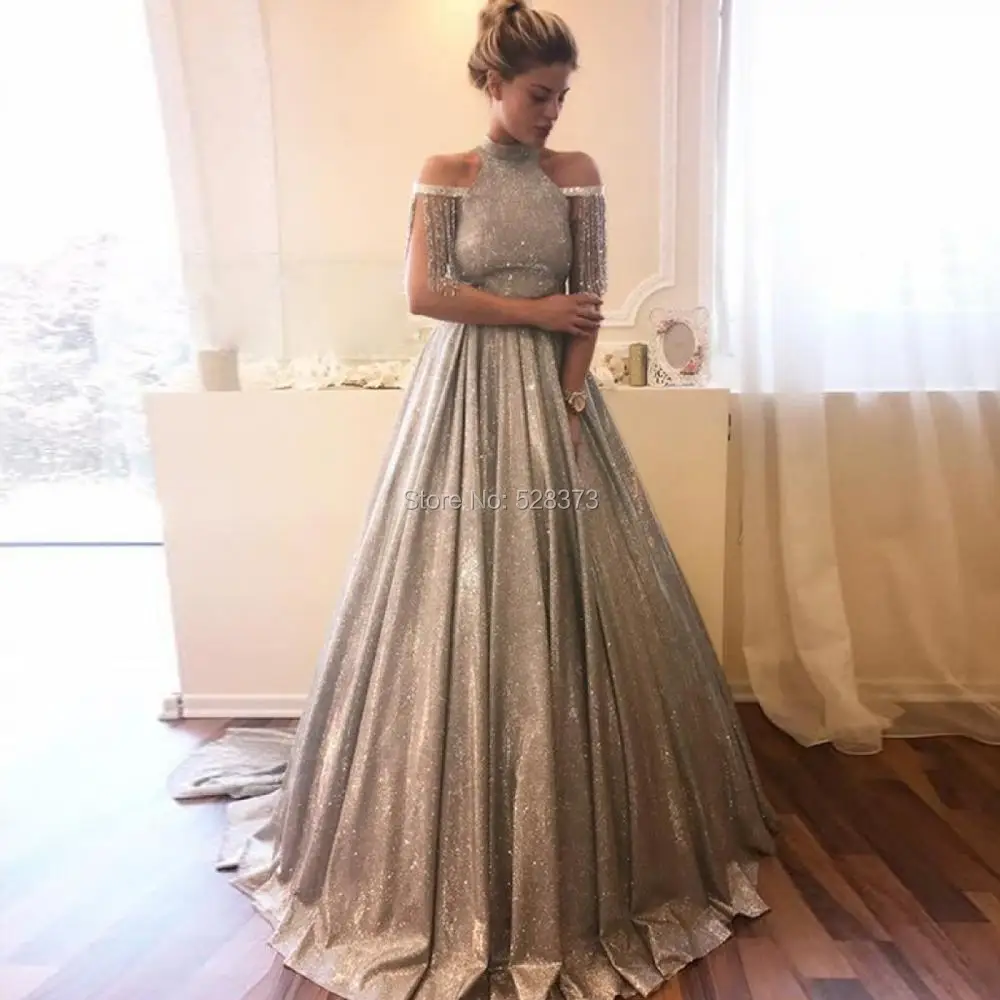 

YNQNFS Robe Vestido Longo Sparkly High Neck Off Shoulder Crystal Women Dresses Evening Party Long Elegant ED111
