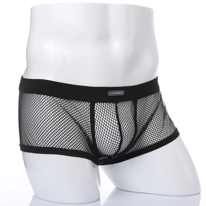 Sexy masculino boxers shorts baixo crescimento homem sexo roupa interior lingerie tronco malha transparente ver através de cuecas eróticas preto