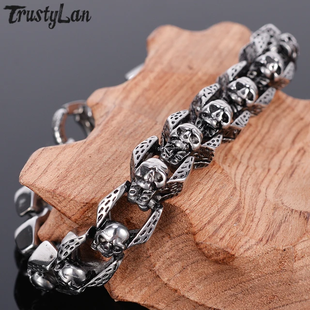 Punk Rocker Skull Bracelet Men Heavy 316L Stainless Steel Men s Bracelets Gothic Jewellery Halloween Accessories Dropshipping AliExpress