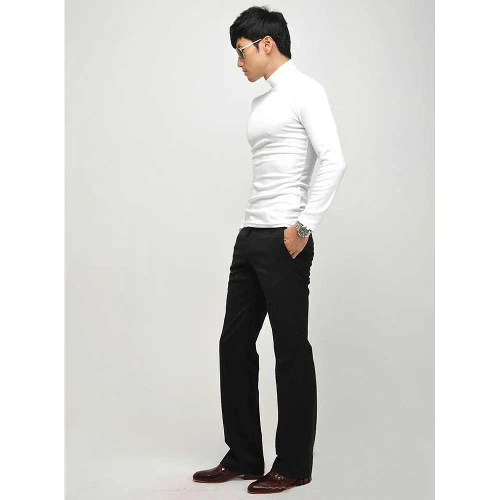 Autunno inverno nero bianco T-shirt a maniche lunghe da uomo dolcevita T-shirt in cotone Lycra ad alta elasticità tinta unita S-XXXL st-803