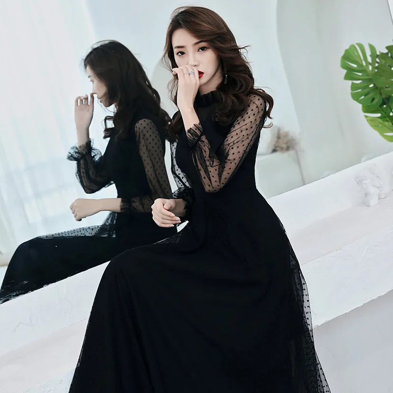 Ini YiiYa Gaun Malam Fashion Dot Cetak Hitam Panjang A-line Gaun Formal Lengan Panjang Chiffon Elegan Pesta E016