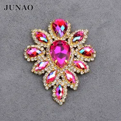 JUNAO 2pc 45*59mm Sewing Rose AB Glass Flower Rhinestone Gold Claw Crystal Applique With Setting Flatback Strass Sew On Stones