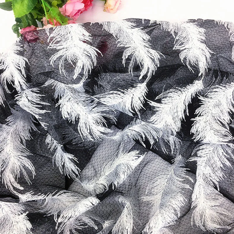 

5Yards Lace Fabric Applique Feather Lace Trim Wedding Dress Tulle Mesh Embroided DIY Lace Fabric For Garment Accessories