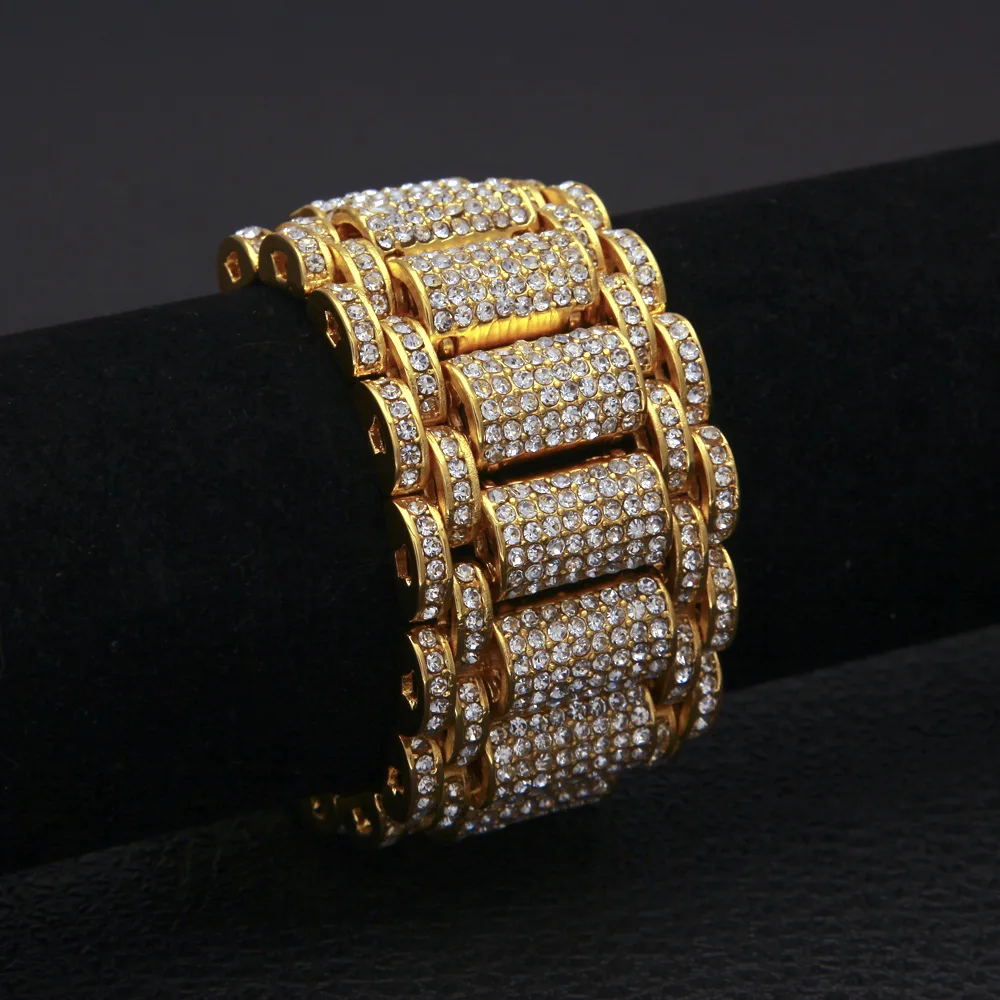 Hip Hop Full Rhinestones Bling Iced Out Rapper Bracelet Gold Color Watch Band Link Chain Bracelets Bangles for Men Jewelry