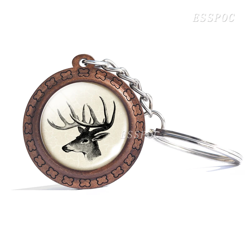 Deer Wooden Keychain Glass Cabochon Jewelry Women Men Vintage Animal Pendant Black and White Elk Key Chain Christmas Gifts