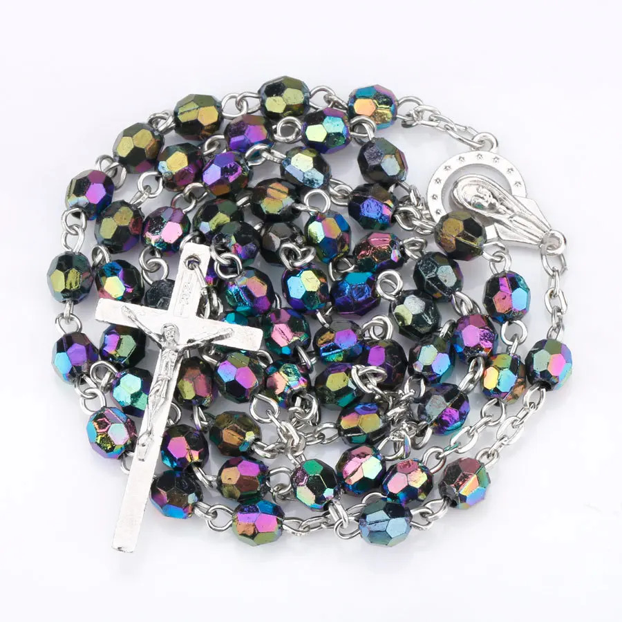 Rosary Necklace Jesus Christ Cross Statement Pendants Necklaces Acrylic Beads Long Chain Colar Religious Party Christian Jewelry