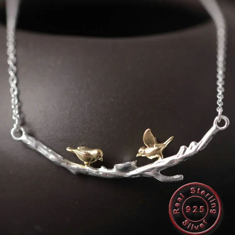 

Amxiu 925 Sterling Silver Double Birds Pendant Necklace Handmade Two Tones Color Branch Necklace for Women Girls Accessories