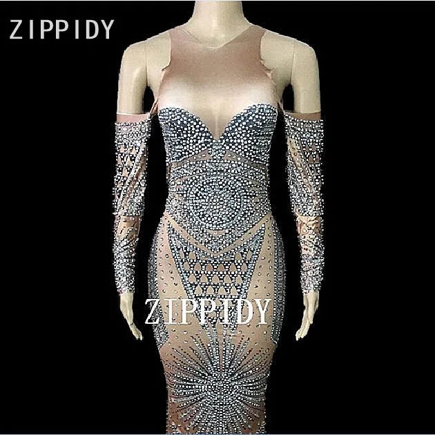 Bright Rhinestones Stretch Long Dress Silver Stone Female Singer Costume Women's Birthday Celebrate Outfit Nightclub Dance Dress